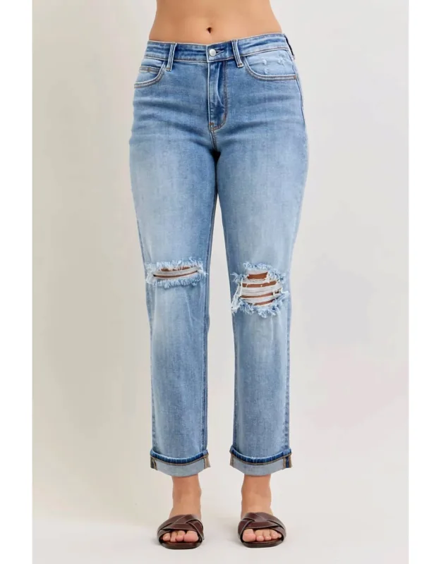 Boyfriend Jeans With Destroyed Knee And Folded Cuff