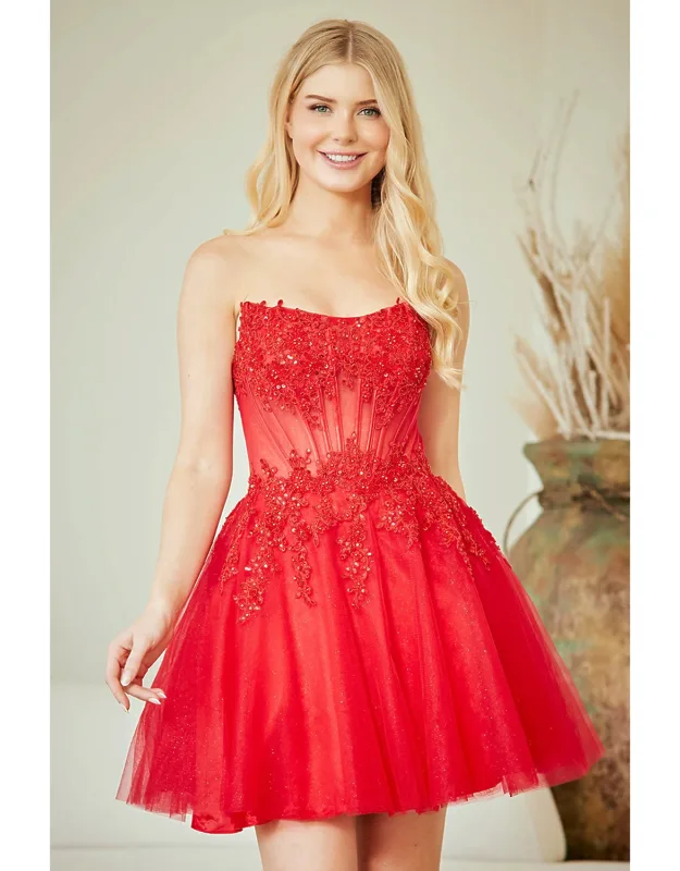 Strapless Lace Corset Tulle Dress With Embroidered Bodice And Lace-up Back