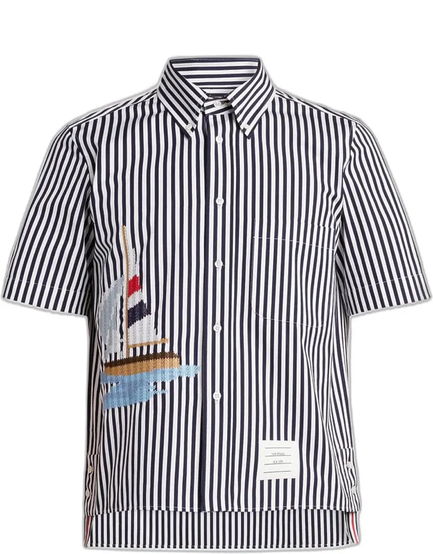Sailboat-embroidered Wide Striped Poplin Shirt