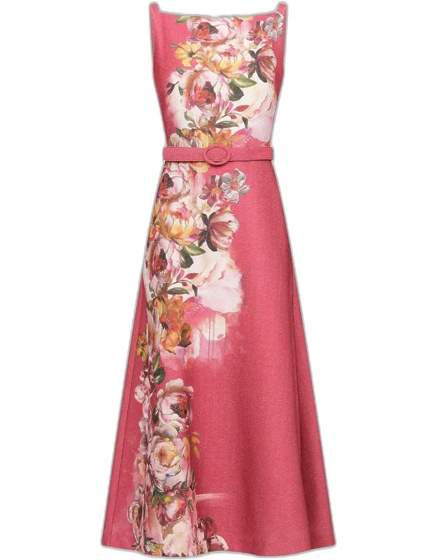 Floral Belted Satin Tea-length Dress