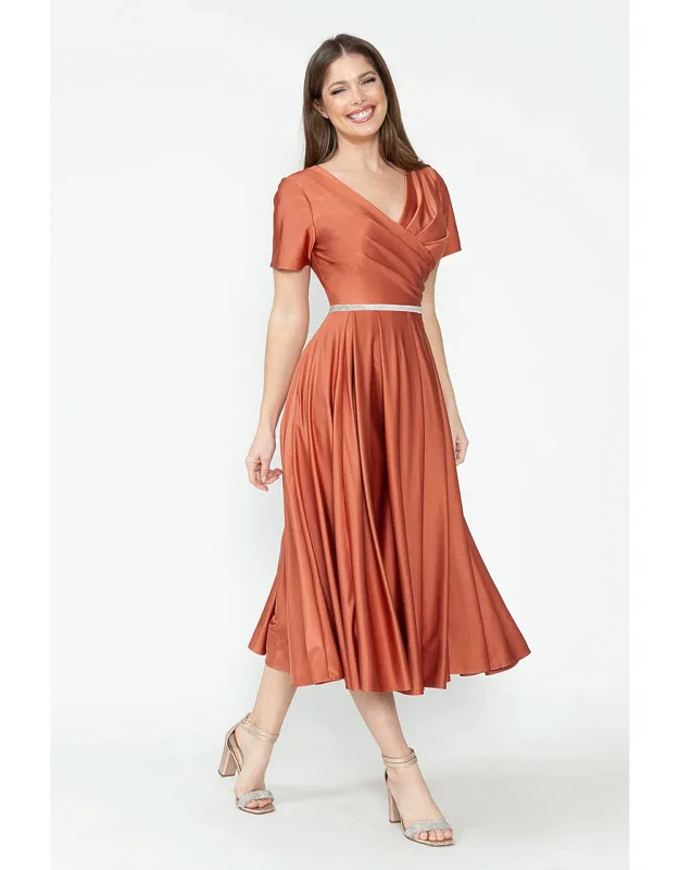 V-neck Short Sleeve Midi Dress With Rhinestone Waistband And Pockets