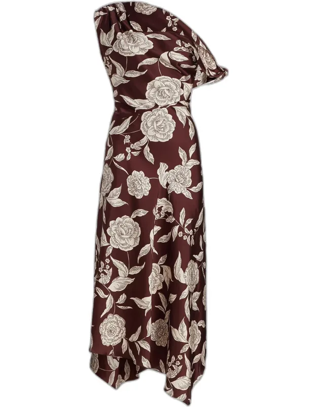 Floral Satin One-shoulder Midi Dress