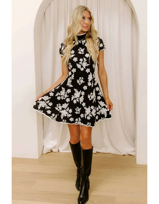 Floral Jacquard Knit Scalloped Edge Sweater Dress