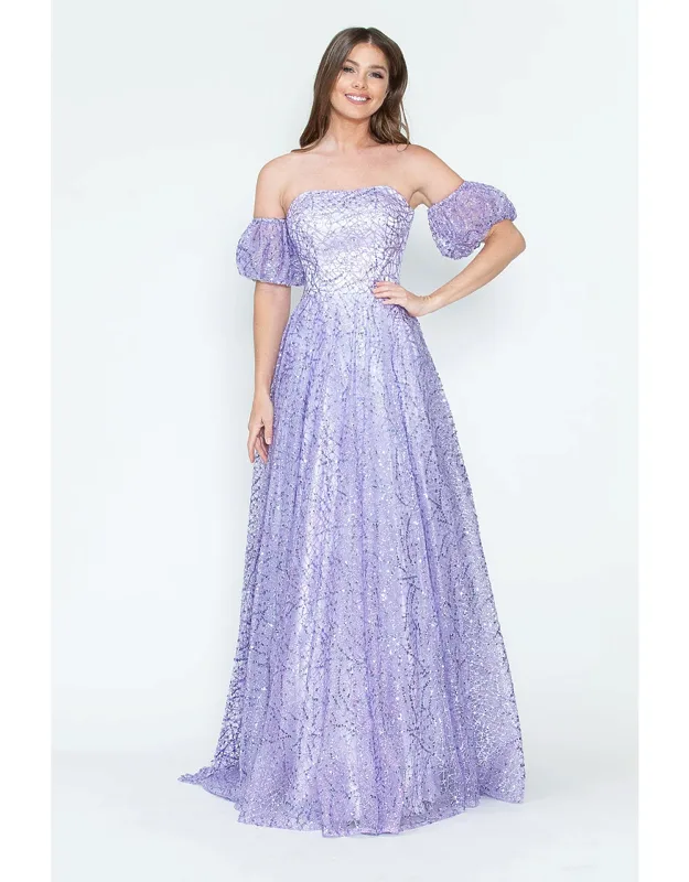 Off-shoulder Puff Sleeve Glitter A-line Formal Dress