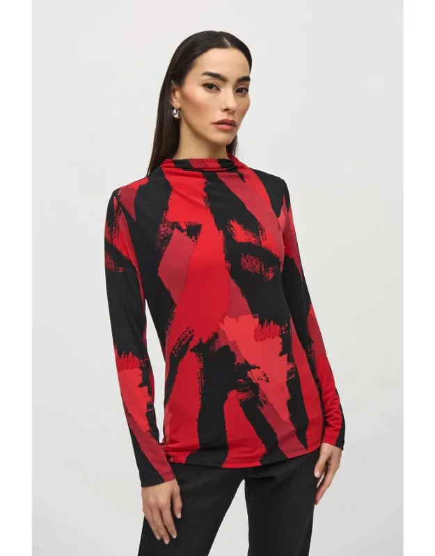 Silky Knit Abstract Print Mock Neck Top