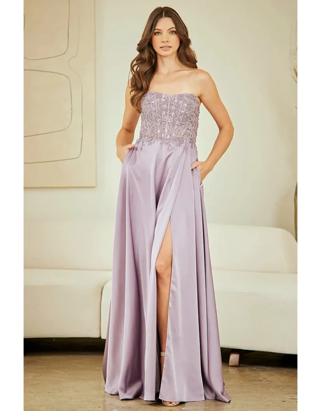 Strapless Lace Bodice Chiffon Evening Dress With Slit