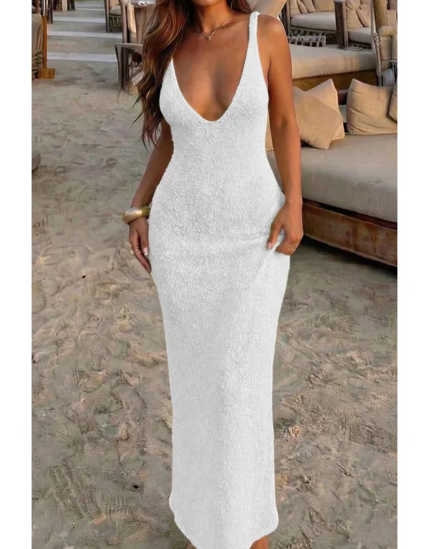 V Neck Halter Cross Back Maxi Dress