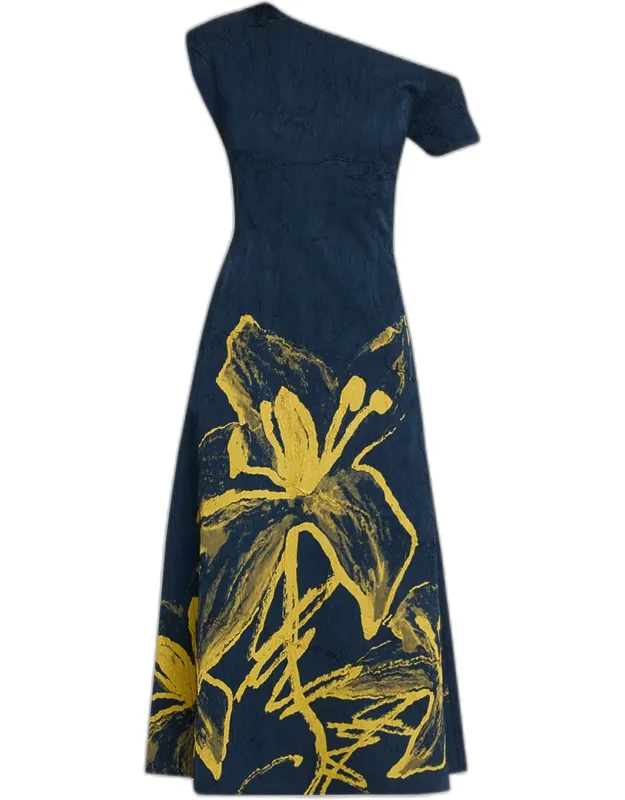 One-shoulder Crinkled Floral Midi Dress