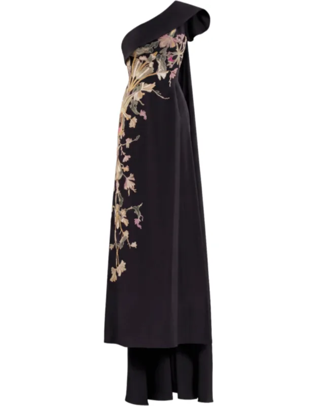 One Shoulder Embroidered Crepe Dress