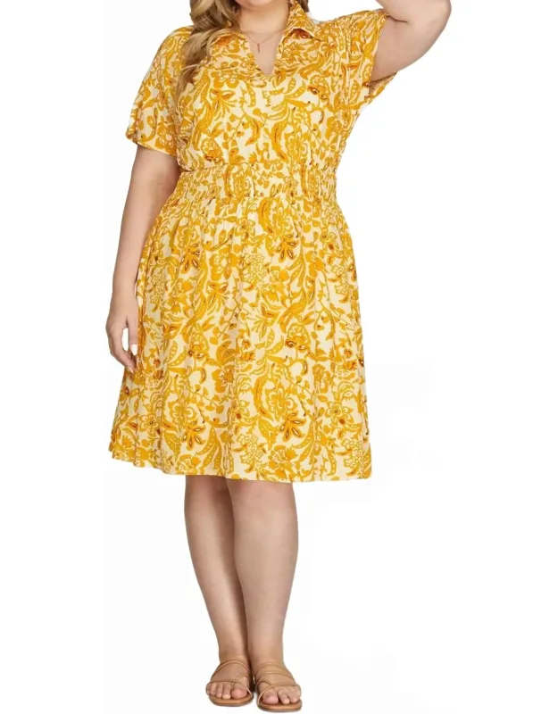 Drop Sleeve Print Collared Dress