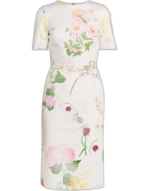 Faded Botanical Midi Dress With Belt