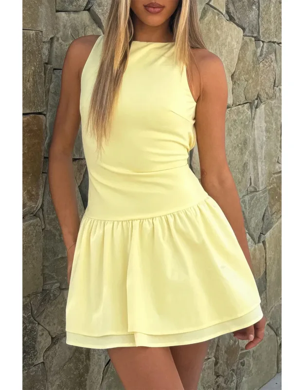 Boat Neck Sleeveless Ruched Ruffle Hem Mini Dress