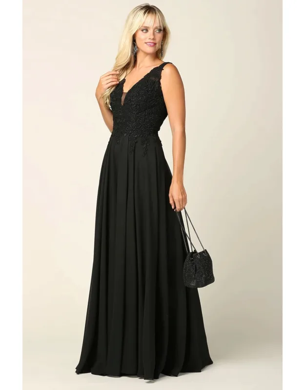 Lace Bodice Chiffon A-line Formal Evening Dress With V-neck And Open Back