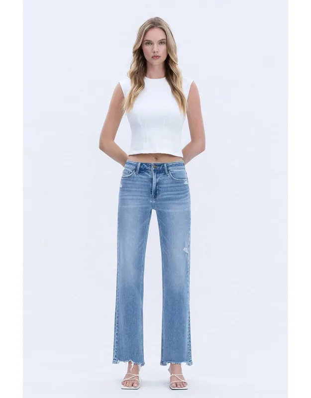 High Rise Distressed Hem Slim Wide Jeans