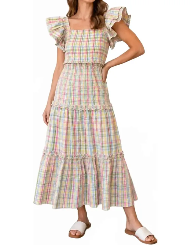 Gingham Check Flutter Sleeve Tiered Midi Dress