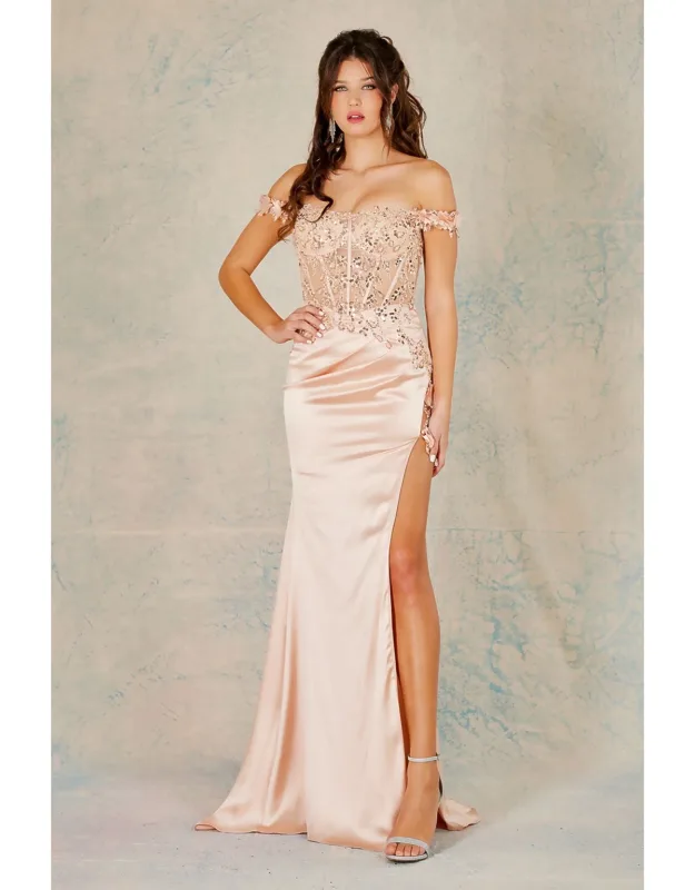 Long 3d Floral Appliqué Off Shoulder Dress
