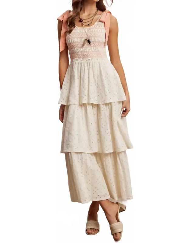 Smocked Tie Shoulder Lace Maxi Dress
