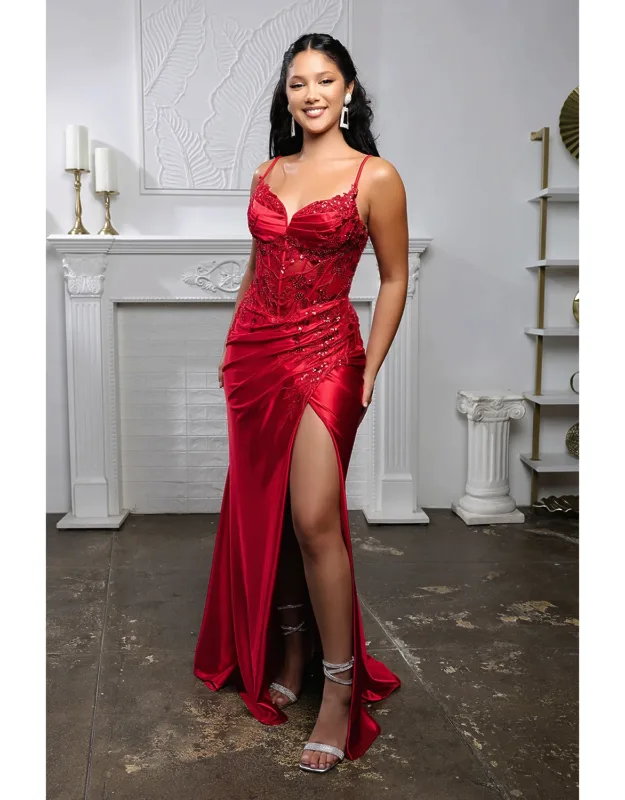 Satin Corset Evening Dress With Slit And Lace-up Back