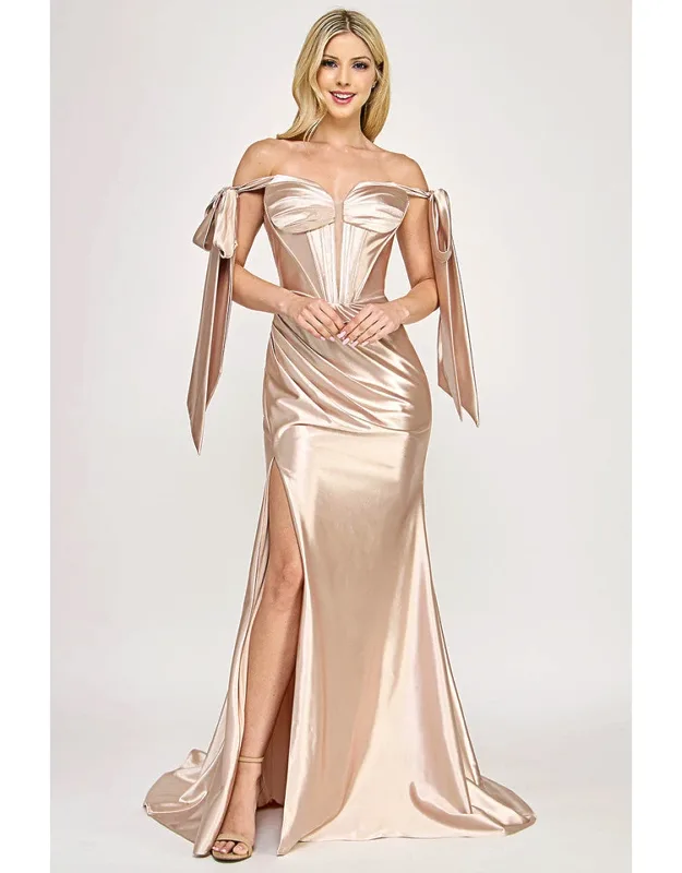 Satin Off-shoulder Corset Gown With Draped Skirt & Side Slit