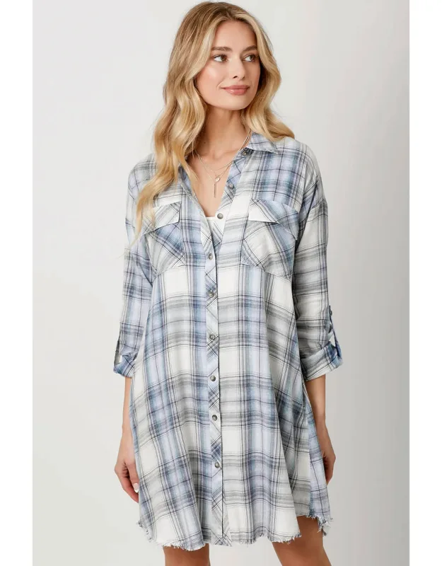 Rolled Up Sleeve Washed Plaid Dress