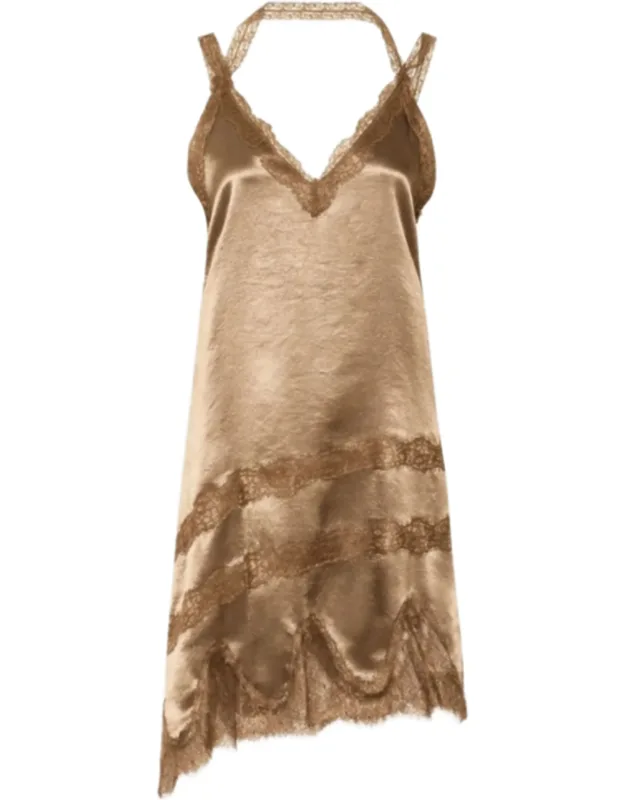 Silk Slip Dress With Lace Trim And Asymmetrical Hemline