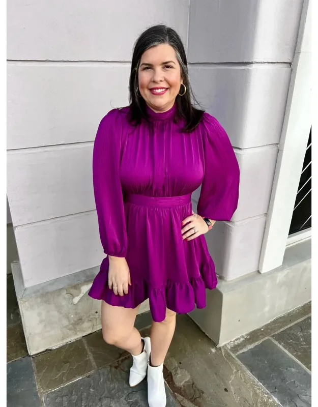Shadow Stripe Mock Neck Long Sleeve Tiered Mini Dress