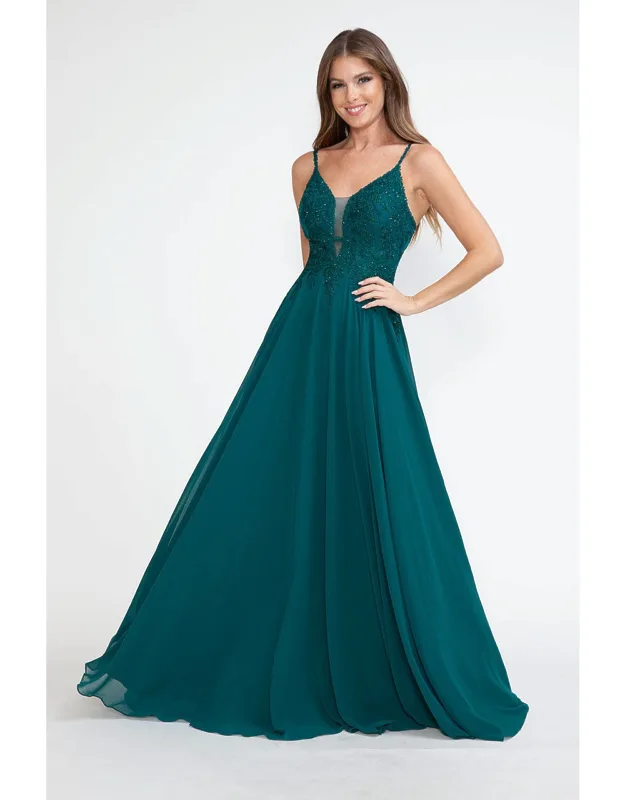 Lace Appliqué Spaghetti Strap A-line Gown
