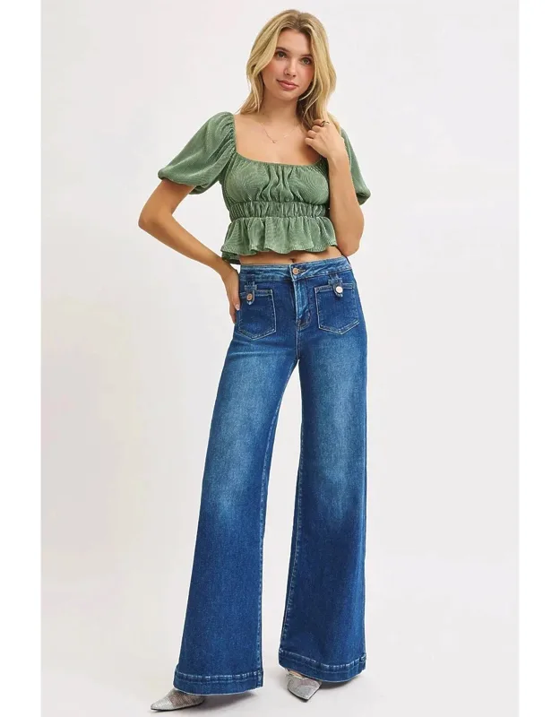 Mid-rise Wide Front Patch Pocket Western Jeans