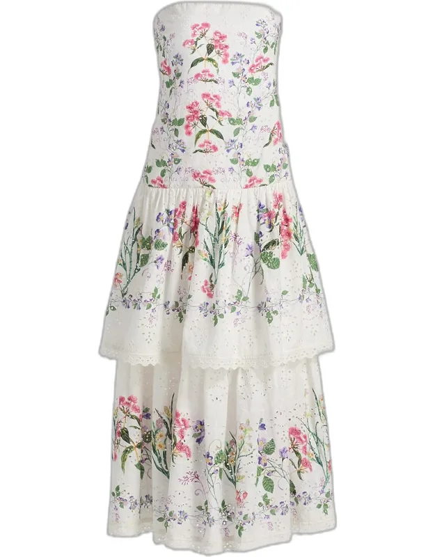 Floral Cotton Tiered Strapless Maxi Dress