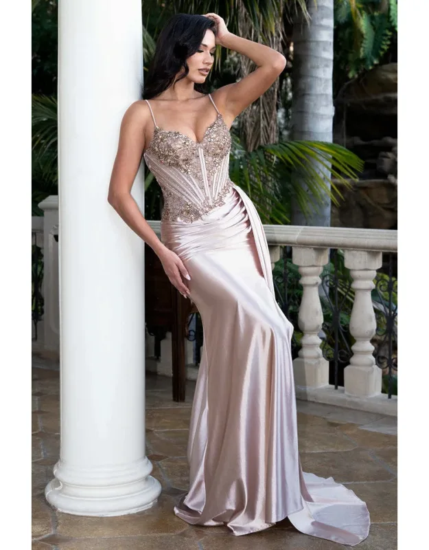Sleeveless Beaded Corset Prom Dress Luxury Embellished Satin Evening Gown