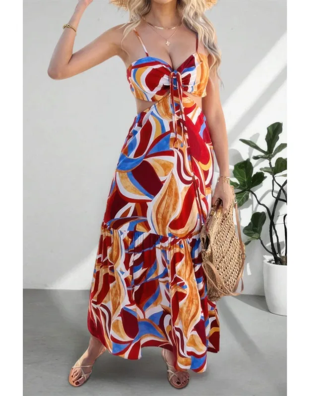 Sleeveless Front Knot Ruched Cut Out Long Dress