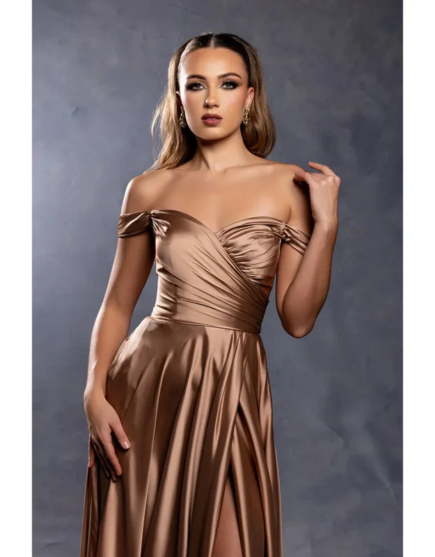 Off Shoulder Satin Dress With High Slit Pockets & Corset Lace-up Back