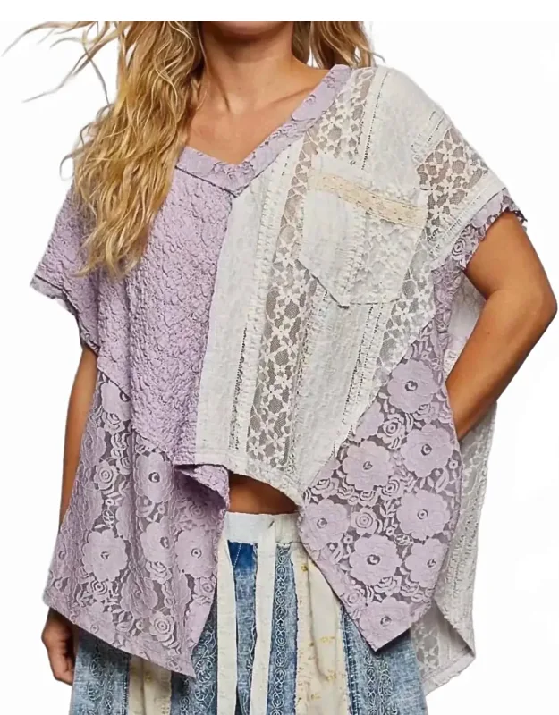 Asymmetrical V-neck Short Sleeve Lace Top