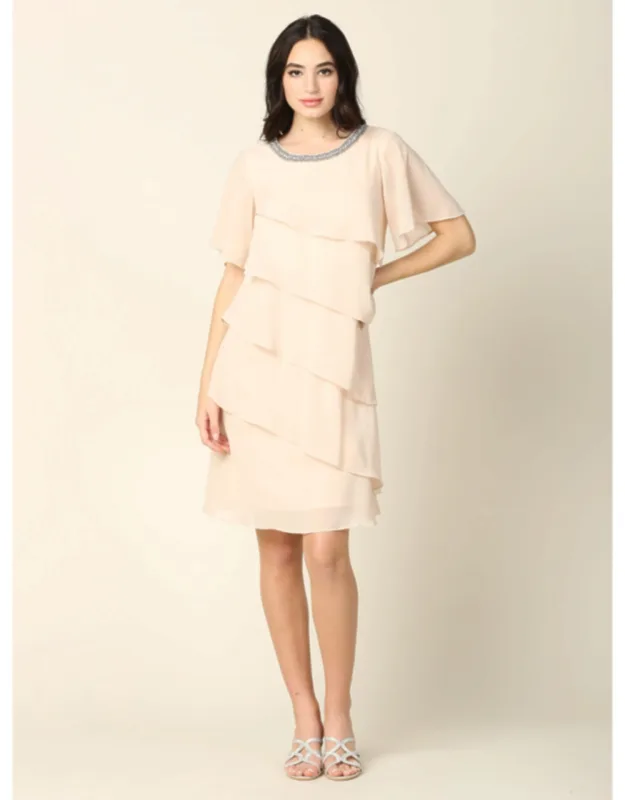 Layered Chiffon Cocktail Dress With Flutter Sleeves & Beaded Neckline