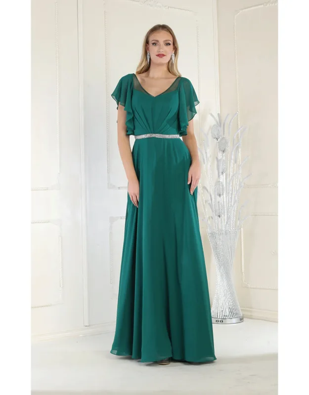 V-neck Bell Sleeve Chiffon A-line Formal Dress