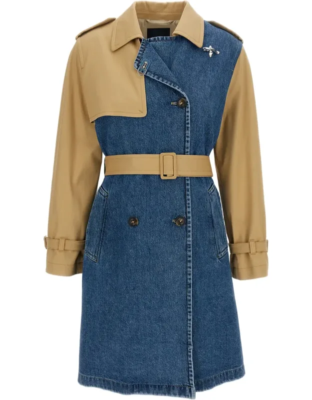 Cotton Drill Trench Coat With Stone-washed Denim Accents