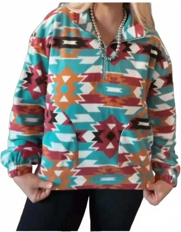 Santa Fe Aztec Sherpa Fleece Zip-up Western Pullover Sweatshirt