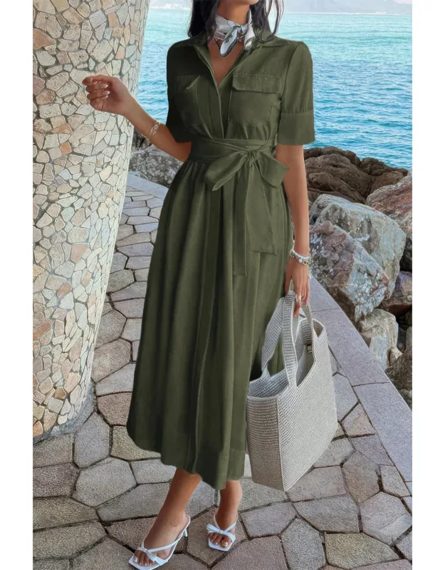 Pocket Turn Down Collar A Line Dress