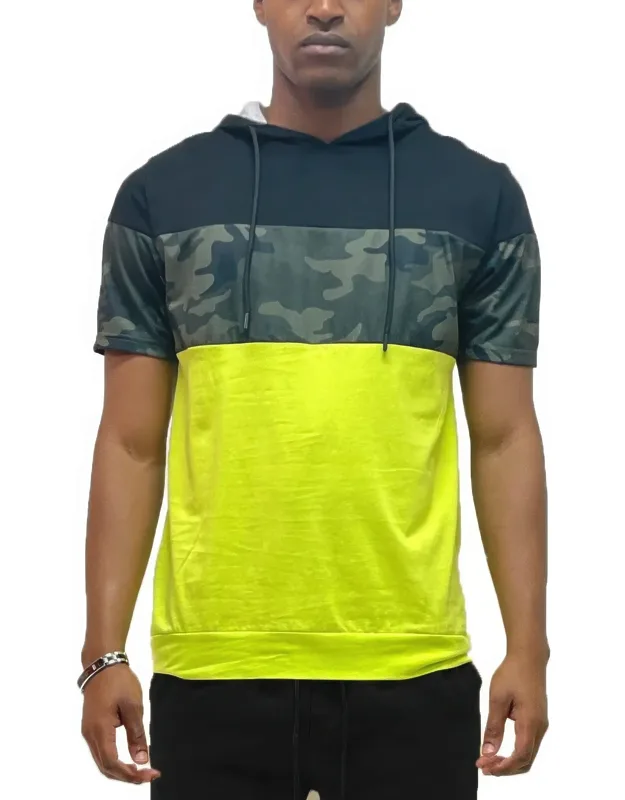 Camo And Solid Design Block Hooded Shirt