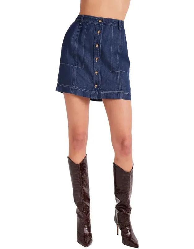 Seamed Button Front Linen-blend Skirt