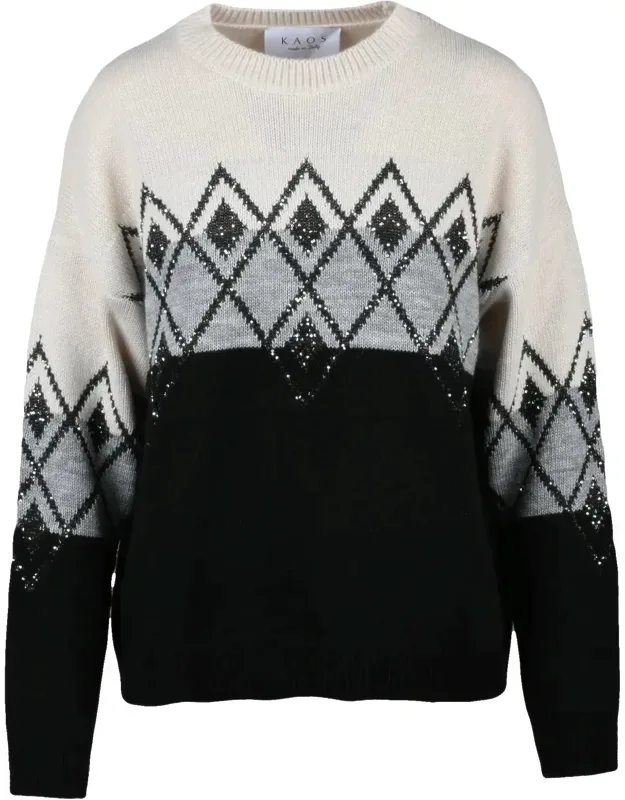 Crew Neck Mixed Fibre Sweater With Geometric Pattern