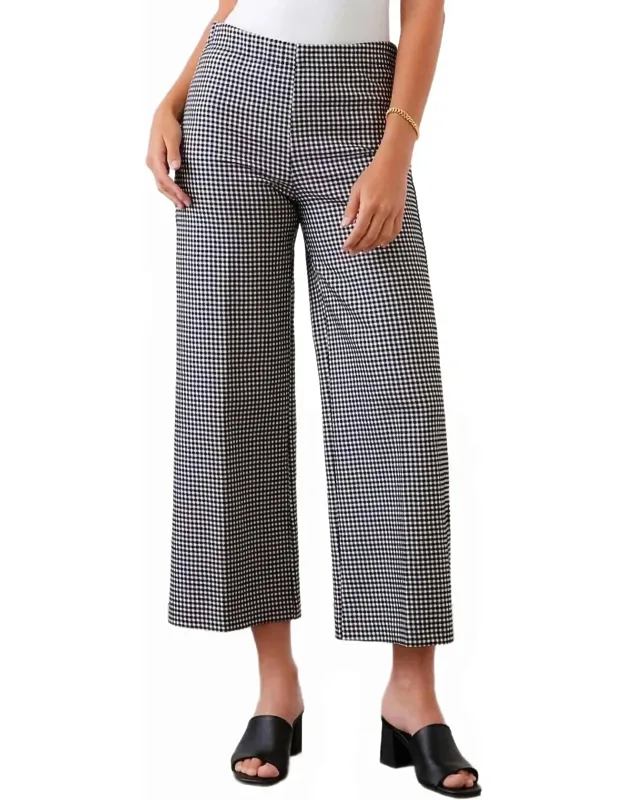 Wide-leg Pants In Check With High-rise Waist And Elasticized Pull-on Closure