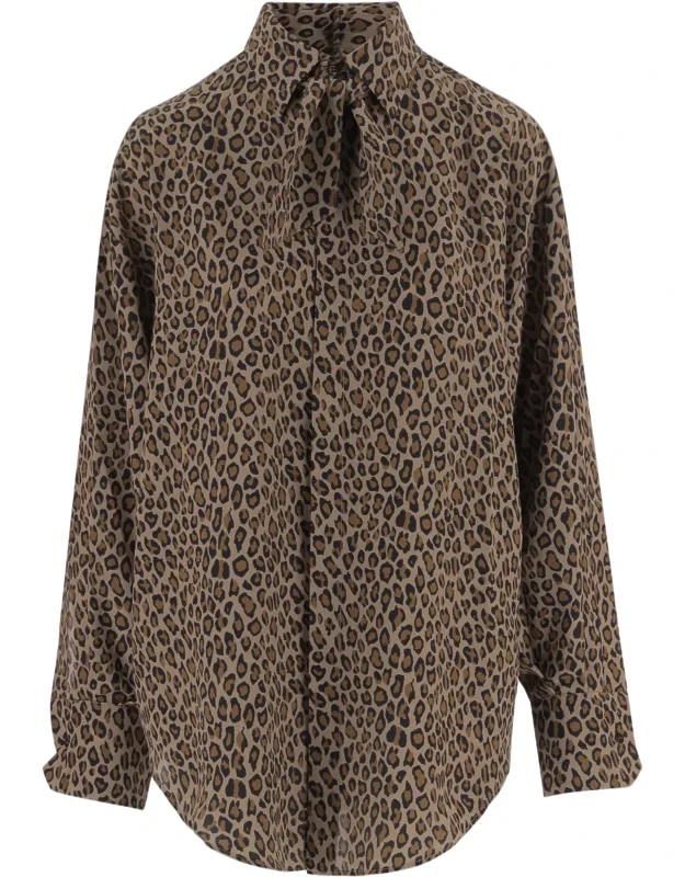 Animal Print Bow Collar Silk Shirt