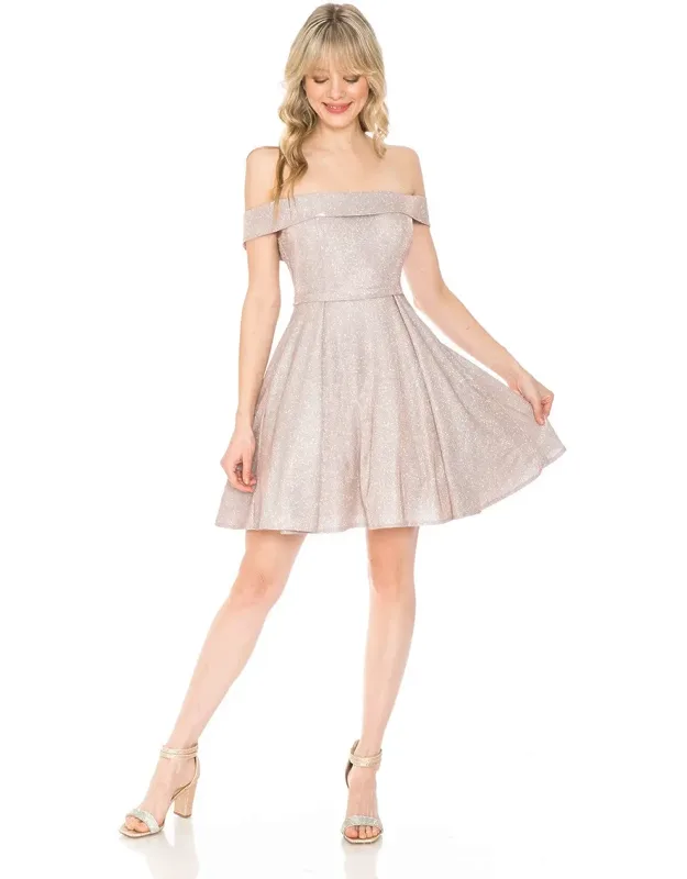 Off-shoulder Glitter Fit And Flare Short Party Dress