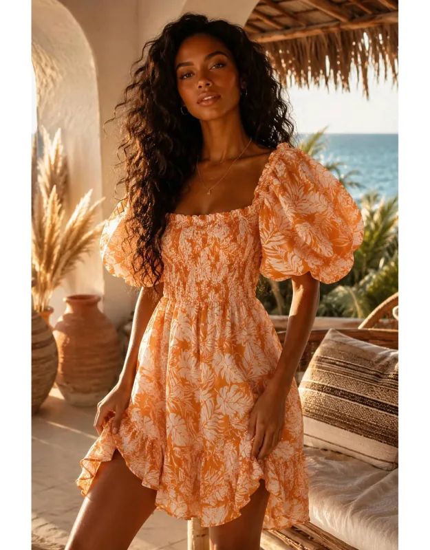 Tropical Print Smocked Puff Sleeve Mini Dress