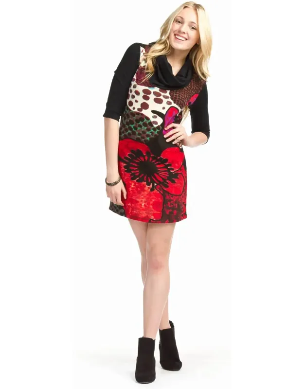 Cowl Neck Abstract Poppy Print Sweater Dress