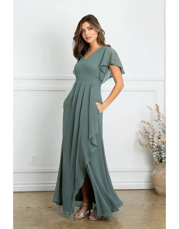 Long Formal Ruffle Sleeve Chiffon Evening Dress