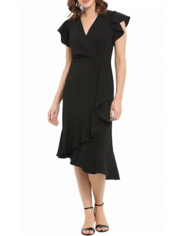 Ruffle Sleeve V-neck Dress With Asymmetrical Hem