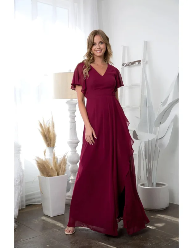 Long Formal Ruffle Sleeve Chiffon Evening Dress