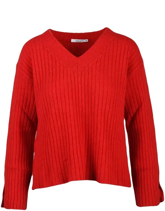 Ribbed V-neck Pullover With Side Slit Cuffs